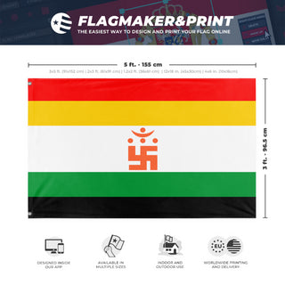 A mockup depicting custom flag specifications and measurements for 'Jainism Flag'