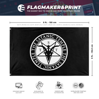 A mockup depicting custom flag specifications and measurements for 'Satanic Baphomet Flag'