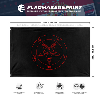 A mockup depicting custom flag specifications and measurements for 'Satanic Flag'