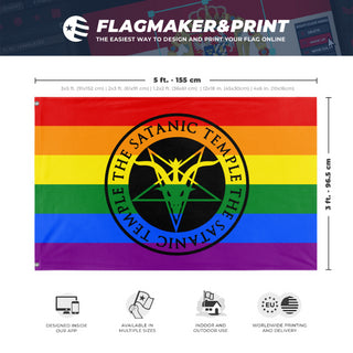 A mockup depicting custom flag specifications and measurements for 'Satanic Pride Flag'