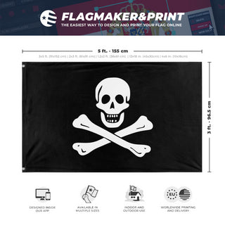 A mockup depicting custom flag specifications and measurements for 'Jolly Roger - Classic Flag'