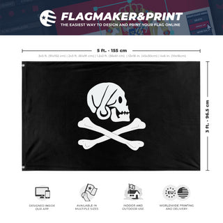 A mockup depicting custom flag specifications and measurements for 'King of the Pirates Flag'