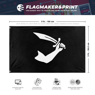 A mockup depicting custom flag specifications and measurements for 'Thomas Thew Flag'