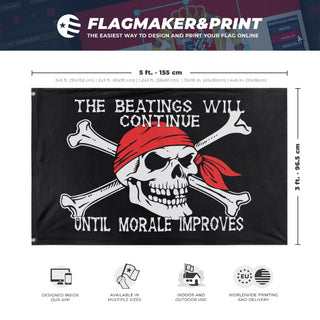 A mockup depicting custom flag specifications and measurements for 'The Beatings Will Continue Until Morale Improves Flag'