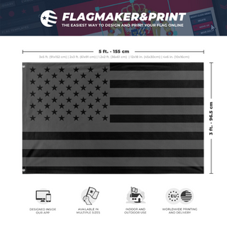 A mockup depicting custom flag specifications and measurements for 'No Quarter Flag'