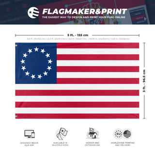 A mockup depicting custom flag specifications and measurements for 'Betsy Ross Flag'