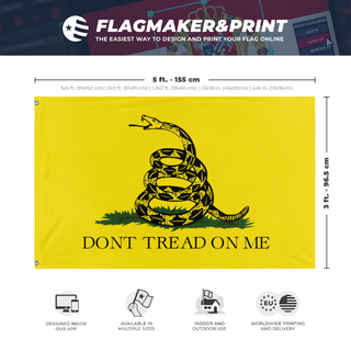 A mockup depicting custom flag specifications and measurements for 'Gadsden Flag'