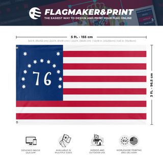 A mockup depicting custom flag specifications and measurements for 'Bennington Flag'