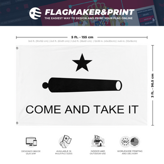 A mockup depicting custom flag specifications and measurements for 'Gonzales "Come and Take It" Flag'