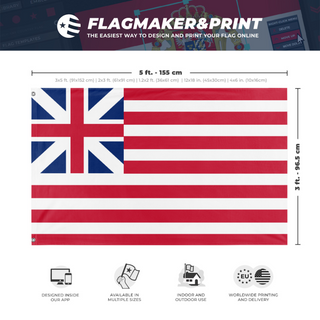 A mockup depicting custom flag specifications and measurements for 'Grand Union Flag'