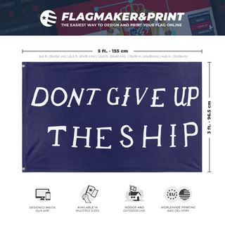 A mockup depicting custom flag specifications and measurements for 'Commodore Perry "Don't Give Up the Ship" Flag'