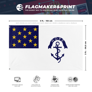 A mockup depicting custom flag specifications and measurements for 'Rhode Island Regiment Flag'