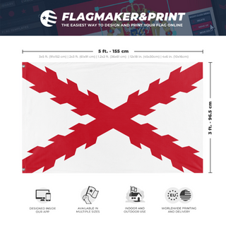 A mockup depicting custom flag specifications and measurements for 'Cross of Burgundy Flag'