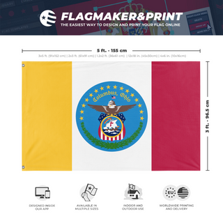 A mockup depicting custom flag specifications and measurements for 'Columbus Flag'