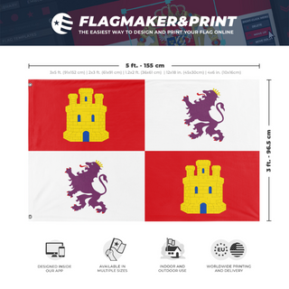 A mockup depicting custom flag specifications and measurements for 'Lions & Castles Flag'
