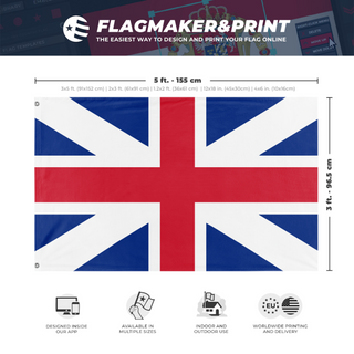 A mockup depicting custom flag specifications and measurements for 'Kings Colors Flag'