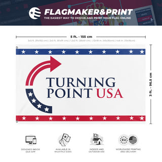 A mockup depicting custom flag specifications and measurements for 'Turning Point USA flag'