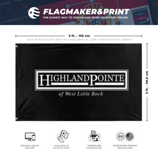 A mockup depicting custom flag specifications and measurements for 'hpwlr flag'