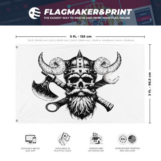 A mockup depicting custom flag specifications and measurements for 'viking shop flag'