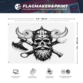 A mockup depicting custom flag specifications and measurements for 'viking shop flag'