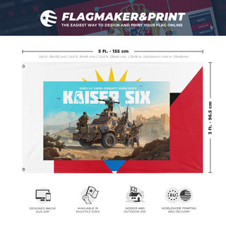 A mockup depicting custom flag specifications and measurements for 'T flag'
