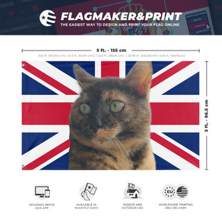 A mockup depicting custom flag specifications and measurements for 'Queen Victoria flag'