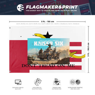 A mockup depicting custom flag specifications and measurements for 'T flag'