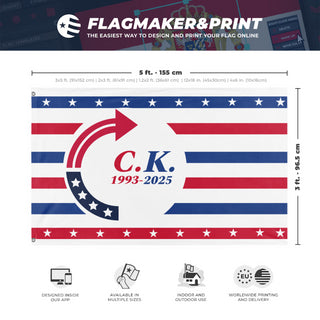A mockup depicting custom flag specifications and measurements for 'Turning Point Charlie Kirk flag'