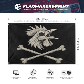 A mockup depicting custom flag specifications and measurements for '853 Jolly Roger flag'