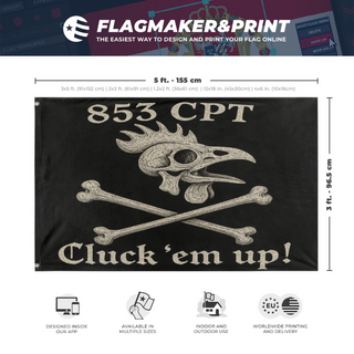 A mockup depicting custom flag specifications and measurements for 'Rooster Flag'