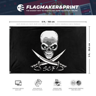A mockup depicting custom flag specifications and measurements for 'SCF flag'