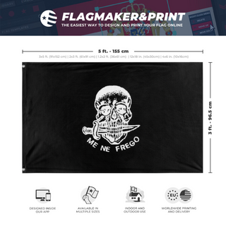 A mockup depicting custom flag specifications and measurements for 'ME NE FREGO flag'
