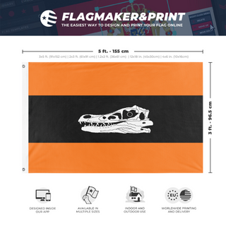 A mockup depicting custom flag specifications and measurements for 'Orange Raptor flag'