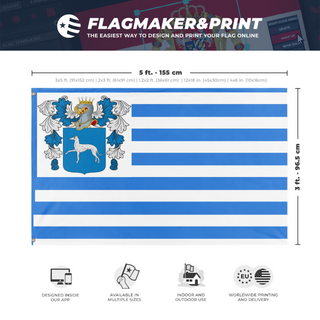 A mockup depicting custom flag specifications and measurements for 'CoatOfArms flag'