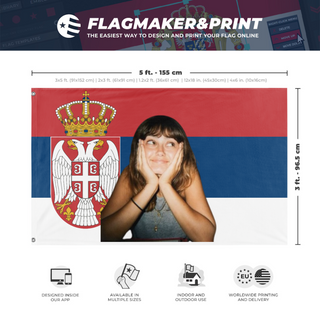 A mockup depicting custom flag specifications and measurements for 'Ella Purnell Serbia flag'