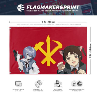 A mockup depicting custom flag specifications and measurements for 'Juchean anime flag'