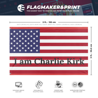 A mockup depicting custom flag specifications and measurements for 'Charlie Kirk USA flag'