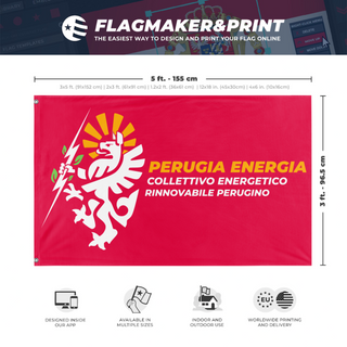 A mockup depicting custom flag specifications and measurements for 'Perugia CER flag'