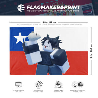 A mockup depicting custom flag specifications and measurements for 'chileantwotime flag'