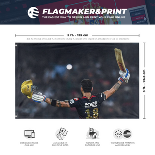 A mockup depicting custom flag specifications and measurements for 'KingRCB flag'