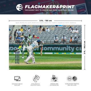 A mockup depicting custom flag specifications and measurements for 'Virat Kohli flag'