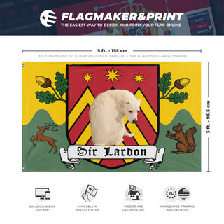 A mockup depicting custom flag specifications and measurements for 'Sir Lardon flag'