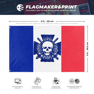 A mockup depicting custom flag specifications and measurements for 'Croix-de-Feu flag'