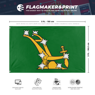 A mockup depicting custom flag specifications and measurements for 'Starry Plough flag'