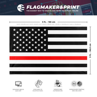 A mockup depicting custom flag specifications and measurements for 'Thin Red Line flag'