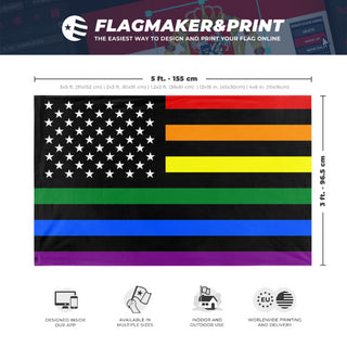 A mockup depicting custom flag specifications and measurements for 'US Rainbow Pride Flag'