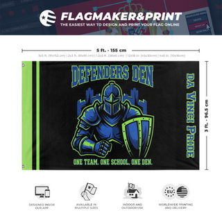 A mockup depicting custom flag specifications and measurements for 'DD flag'