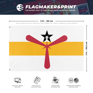 A mockup depicting custom flag specifications and measurements for 'Raised fist flag'