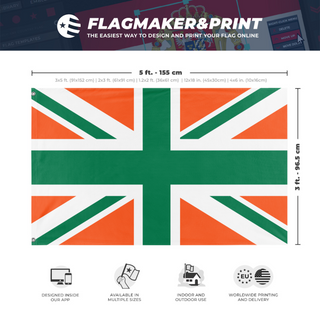 A mockup depicting custom flag specifications and measurements for 'Irish Kingdom flag'