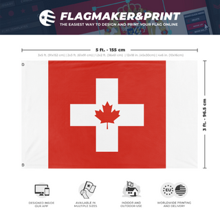 A mockup depicting custom flag specifications and measurements for 'Mapleswiss flag'